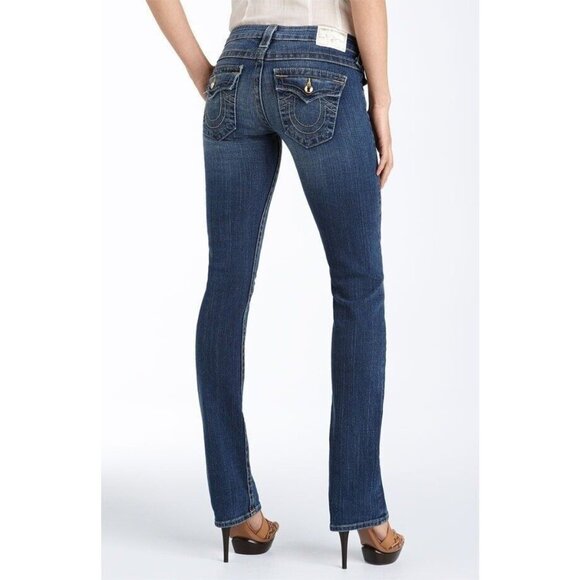True Religion Slim Straight Jeans Womens 26  Low Rise Flap Pockets Stretch Blue - Picture 13 of 13